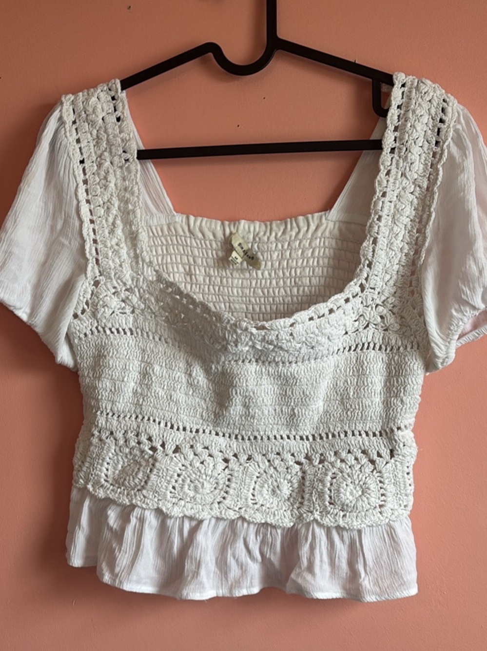 White Crochet Square-Neck Crop Top with Ruffled Hem